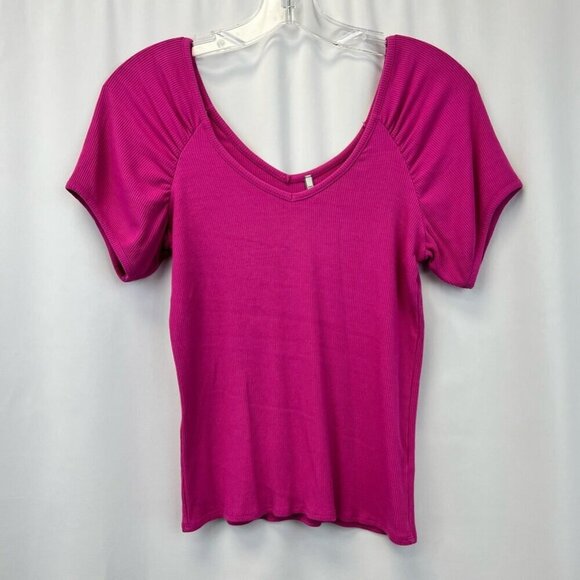 Bke Core Womens Crop Top Pink Short Sleeve Puff V Neck Stretch Ribbed S - Picture 1 of 9